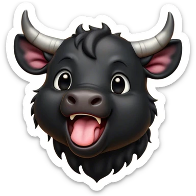 Cinematic Cute Yawning Black Bull Portrait Emoji, Head tilted slightly with a dramatic, wide-open yawn, showcasing a smooth, pure black hide with a subtle texture, floppy ears slightly drooping, round dark eyes barely open in drowsy contentment, Simplified yet irresistibly adorable features, highly detailed, glowing with a soft, cozy glow, high shine, relaxed yet expressive, stylized with a touch of rugged whimsy, bright and endearing, soft glowing outline, capturing the essence of a sleepy yet affectionate guardian, so drowsy it feels like it could charge right out of the screen and curl up for a nap! sticker