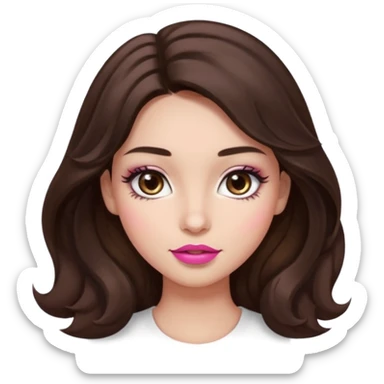 girl with wavy long dark brown hair, brown eyes, light to medium complexion, long lashes, almond shaped eyes, link lipstick sticker