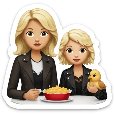 Love tan woman long wavy blonde hair and black lace  with  a white man short spiked blonde hair wearing Brown  jacket eating chick filet  sticker