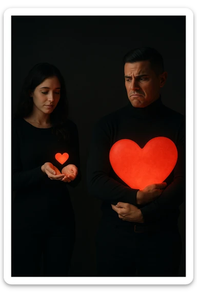 an Italian man in his 30s with olive skin and dark hair stands apart from a woman who offre un piccolo cuore luminoso tra le mani. Lui guarda il cuore con un’espressione triste e insoddisfatta, tenendo tra le braccia un cuore molto più grande e brillante, mentre la distanza tra loro è accentuata da luci soffuse e ombre. sticker