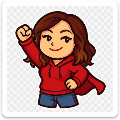 Sticker style chibi emote of the woman from the reference images, wearing a red hoodie and jeans, superhero cape pose, no headband, no sparkles, no wand, transparent background. sticker
