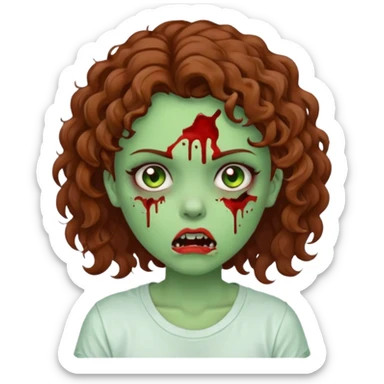Zombie girl with curly brown hair como emoji de iphone y con la boca un poco lastimada haz que tenga una simple remera blanca puesta pero que sea zombie verde sticker
