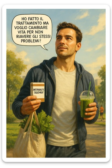 A realistic, cinematic illustration of a man in his early 30s with a determined and hopeful expression, standing outside under a bright morning sky, holding a small box labeled 'Antiparasitic Treatment' in one hand, while in the other hand he holds a fresh green smoothie or a bag of vegetables. A speech bubble near him says: ‘Ho fatto il trattamento ma voglio cambiare vita per non riavere gli stessi problemi!’ The man is wearing casual but clean and sporty clothing, symbolizing a fresh start, with the background showing a city park with green trees, morning light, and people jogging, indicating a healthy lifestyle. The atmosphere is bright, uplifting, and motivating, clearly illustrating the transition from treatment to lifestyle change to prevent future health issues. The style is realistic with warm tones, showing positive energy and commitment to change in italiano sticker