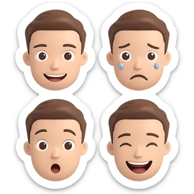 Create a set of emoji faces from this 3D cartoon male character in a Bitmoji-like style. Include happy, sad, surprised, and laughing expressions. The emojis should be suitable for emoji use with a transparent background. sticker