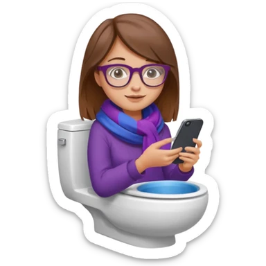 Fille châtain peau blanche avec lunettes. Elle porte une grosse écharpe violette, bleu et orange. Elle assise dans une cuvette de toilette. Téléphone en main. Realiste sticker