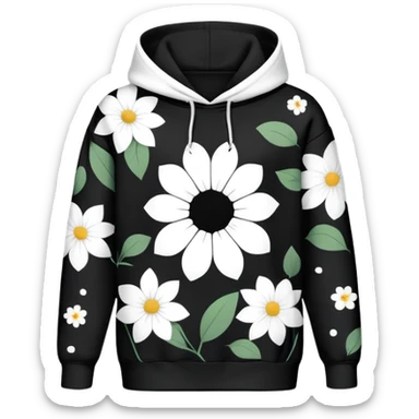 The BLACK Hoodie features a black base with distinctive white and black  open flower spots with empty space in the middle, These hollow ring-like patterns are scattered across. BLACK AND WHITE FLOWERS SPACED OUT FLOWERS, AND ONLY A FEW FLOWERS AND NO DOTS, NO VINES sticker