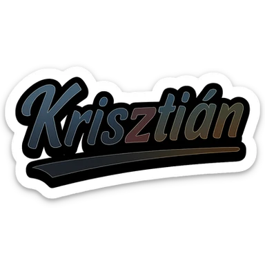 Text image of the name 'Krisztián' in a masculine, modern, gradient font with accurate Hungarian characters, dark contour, prominent and clearly visible white border as in sample images, dynamic slanted underline, masculine color shades including blue, gray, burgundy, green, and brown, 1000x1000 px, PNG, transparent background. sticker