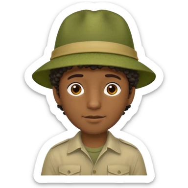 A dark colored man in a jungle with little curly hair on his head under hit jungle hat sticker