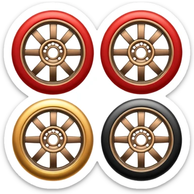 Emoji-style car membership badges: silver wheel, bronze exhaust, red rims, black spoiler, gold wheel — in progression." sticker