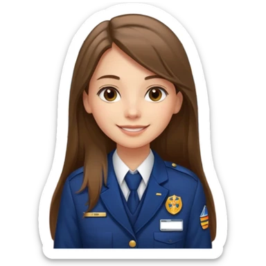 Young girl, long brown straight hair, wearing uniform jacket with hotel name badge, tasteful scarf, stand behind the desk

 sticker