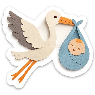 stork flying with a human baby in a bundle, paper craft style sticker