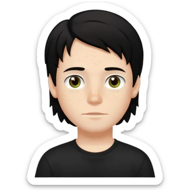 A boy with dark black hair and hazel green and brown eyes and white skin , with freckles and black t shirt with middle part hair hair with a center part sticker