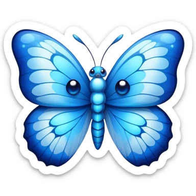 Cinematic Realistic Cute Blue Butterfly Portrait Emoji, Head tilted playfully and inquisitively, featuring beautifully patterned sapphire wings with intricate venation and a charming, petite body with round, sparkling eyes full of gentle curiosity, rendered with lifelike detail and warm natural highlights, high shine, affectionate and spirited, styled with a touch of whimsical garden magic, soft glowing outline, capturing the essence of a mischievous yet lovable blue butterfly that seems ready to flutter playfully into your arms! sticker