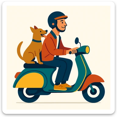 vector art of a man and his pet dog riding a vespa, for website design  sticker