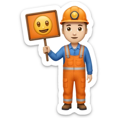 emoji style railway engineer full body in orange overalls, holding a sign in front of him sticker