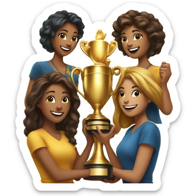 Six beautiful women celebrating with huge golden trophy sticker