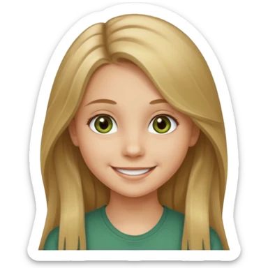 A smiling young girl with long dirty blonde hair and hazel green eyes sticker