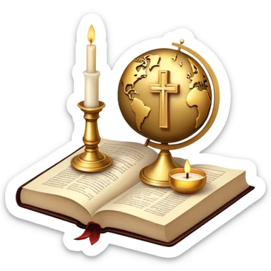 An icon featuring a holy book, a candle, and a cross, symbolizing religious studies. The design includes a globe with various religious symbols: a crescent moon and star (Islam), a lotus flower (Buddhism), representing global belief systems. Transparent background. sticker