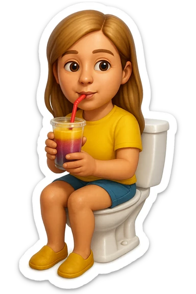 emoji stile iphone di una donna seduta sul wc che beve uno smoothies colorato, iperrealistico 4k sticker