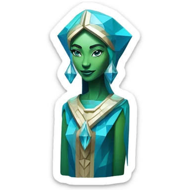 Sculpture oracle priestess with a geometric faceted design with disney features. Oracle of delphi is sparkling and standing upright on a base with angular and flower features. The vibrant blues neutrals and greens highlights the sharp edges and planes.  sticker