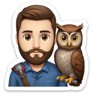 portrait man long brown hair brown eyes medium beard white skin with owl perched on shoulder sticker