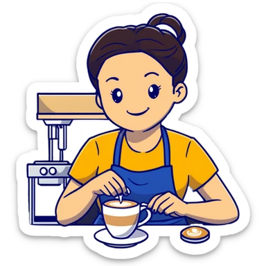 Cute brunette barista girl with hair in a bun wearing yellow shirt and dark blue apron, she's relaxed and making latte art, smiling at the coffee cup sticker