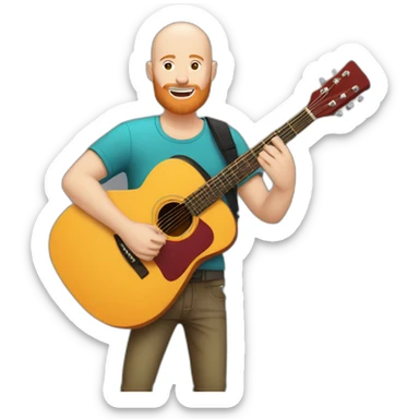 white bald guy with ginger beard playing acoustic guitar wearing a colorful t shirt sticker