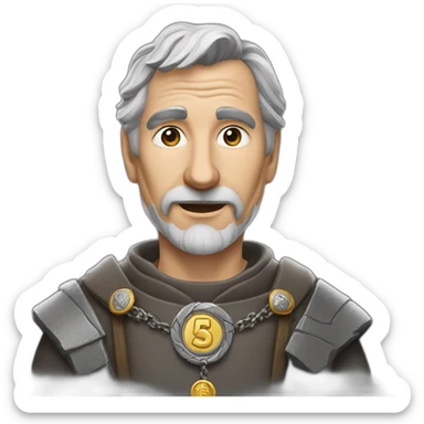 medieval coin engravers guild leader, 50 years old, grey hair, bust, has a necklace with a coin, has a coin in one hand sticker