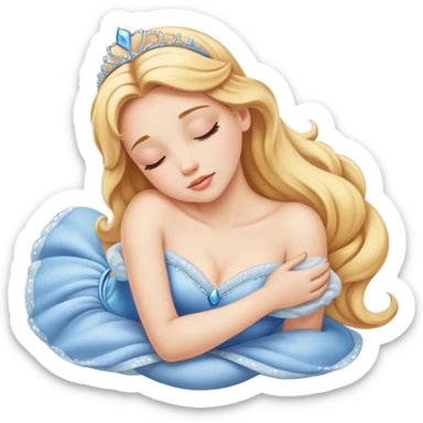 Cinematic Realistic Sleeping Cinderella Portrait, portrayed with exceptional realism: her luminous porcelain skin and exquisitely detailed golden-blonde hair lie softly under the gentle caress of natural light. Her eyes are peacefully closed in a serene, dreamlike slumber, and every fold and shimmer of her iconic ball gown is rendered with painstaking detail. The overall composition radiates a quiet, enchanting glow that encapsulates the timeless, restful beauty of a princess lost in a gentle, magical dream. sticker