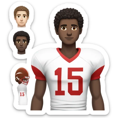 White teenage boy, tall, brownish black curly hair, dark brown eyes, medium to pale skin tone, white base football jersey with a red number 15 serious sticker