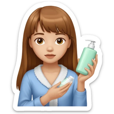 a girl with light skin and medium brown long hair with bangs who is applying lotion to her body sticker