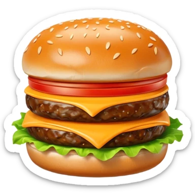 A cute 3D emoji-style burger with glossy finish, shiny bun with sesame seeds, melted cheese, fresh lettuce, smooth cartoon design, soft lighting, clean background, high-quality modern emoji look. sticker