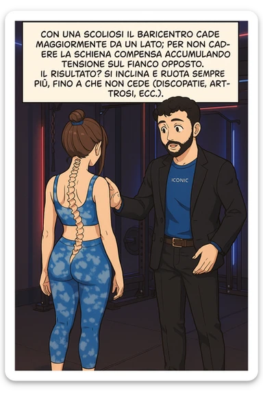 fai questa immagine in versione manga/webtoon a colori, il manga mostra la donna di spalle, mentre l'uomo le tocca la spina dorsale per spiegarle come funziona la scoliosi:
Con una scoliosi il baricentro corporeo cade maggiormente da un lato; per non cadere la schiena compensa accumulando tensione sul fianco opposto.
Il risultato? Si inclina e ruota sempre più, fino a che non cede (discopatie, artrosi, ecc) sticker