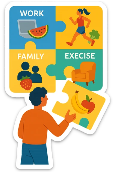 a person is surrounded by puzzle pieces, each representing a different aspect of their life (work, exercise, family, leisure), and healthy foods are integrated into each piece. The person assembles the puzzle, creating a complete, personalized nutrition plan. The mood is uplifting and creative. sticker