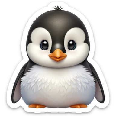 Cinematic Cute Baby Penguin Portrait Emoji, Head tilted playfully and inquisitively, with irresistibly fluffy plumage accented by a tiny beak and round, sparkling eyes filled with wonder, Simplified yet irresistibly adorable features, highly detailed, glowing with a warm, friendly polar glow, high shine, affectionate and lively, stylized with a touch of whimsical charm, bright and endearing, soft glowing outline, capturing the essence of a mischievous yet loving penguin that feels like it could slide out of the screen into your arms! sticker