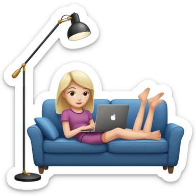 A girl is working with a laptop while lying on a sofa, with a floor lamp to the right. sticker