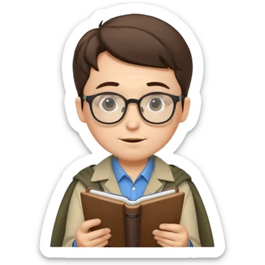 A scholarly explorer with notepad, glasses, and calm analytical demo.
 sticker