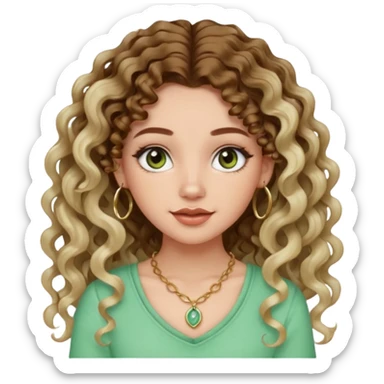 cute girl with not volominous VERY LONG curly/wavy balayage hair brown eyes full lips cute makeup cute necklace and hoop earrings white girl with light green top sticker