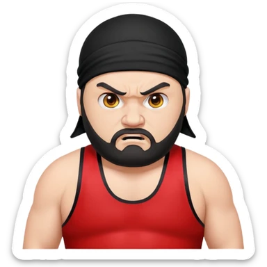 White skin fat guy with black durag, black beard, black eyes in a red and black wrestling singlet with angry face sticker