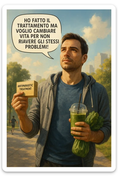 A realistic, cinematic illustration of a man in his early 30s with a determined and hopeful expression, standing outside under a bright morning sky, holding a small box labeled 'Antiparasitic Treatment' in one hand, while in the other hand he holds a fresh green smoothie or a bag of vegetables. A speech bubble near him says: ‘Ho fatto il trattamento ma voglio cambiare vita per non riavere gli stessi problemi!’ The man is wearing casual but clean and sporty clothing, symbolizing a fresh start, with the background showing a city park with green trees, morning light, and people jogging, indicating a healthy lifestyle. The atmosphere is bright, uplifting, and motivating, clearly illustrating the transition from treatment to lifestyle change to prevent future health issues. The style is realistic with warm tones, showing positive energy and commitment to change in italiano sticker