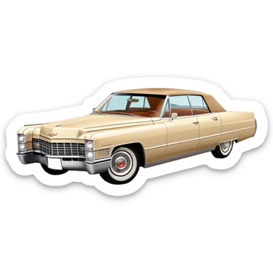 Classic beige 1966 Cadillac DeVille at perfect 30-degree angle, showing detailed front end and sleek side profile, elegant vintage luxury car from Once Upon a Hollywood, iOS emoji style sticker