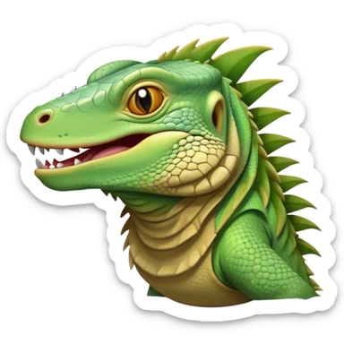 Cinematic Realistic Cute Yawning Iguana Portrait Emoji, Head tilted slightly with a dramatic, wide-open yawn, showcasing a soft, textured green-scaled face with gently drooping features and half-closed, drowsy amber eyes, rendered with natural detail and subtle shadows, high shine, relaxed yet expressive, styled with a dash of tropical charm, soft glowing outline, capturing the essence of a sleepy yet affectionate iguana that appears ready to stretch out and enjoy a peaceful nap! sticker