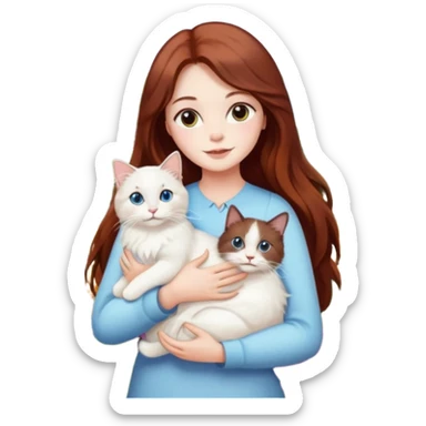 A woman with long dark auburn hair holding a white ragdoll cat in the garden of flowers sticker