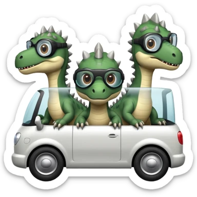 Tres dinosaurios bebés grises subidos en un carro tecnológico blanco con lentes de realidad virtual sticker