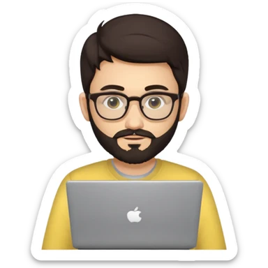 23 year old Azerbaijani man with very dark brown hair and beard with glasses and laptop , light yellow skin face sticker