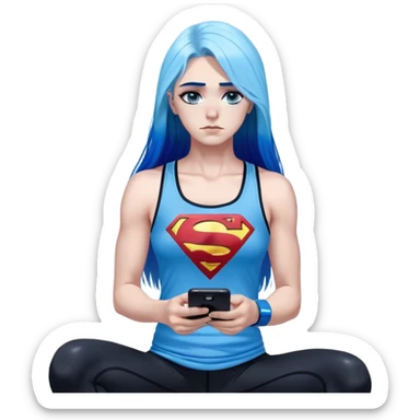 Shameful and disappointed and crying-very very very very big chest-texting on a samsung cell phone-very long straight flowing black to sky blue hair ombre-blue eyes-black eyeliner-long eyelashes-iridescent sky blue very low cut tank top with sparkling superman logo-black leggings-nike sneakers sticker
