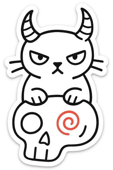 Remove the lollipop from the cat's horn, hand drawn style with sketchy lines, no fill, preserve the red spiral on the skull, transparent background. sticker
