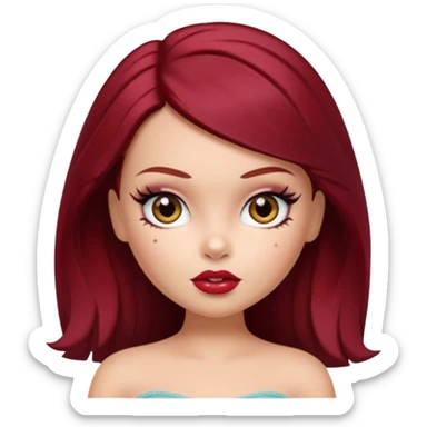 Bratz doll with dark red hair and a beauty mark above lip sticker