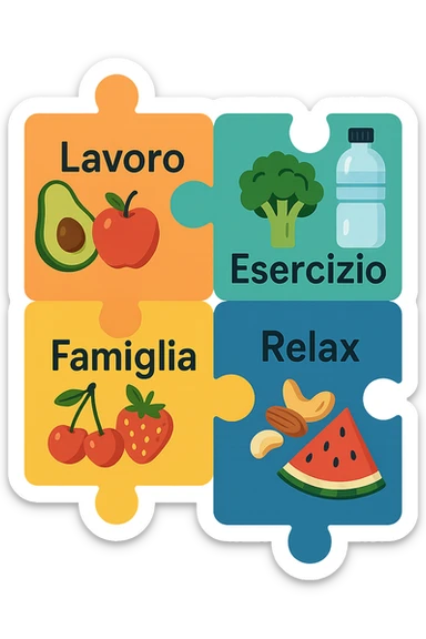 Puzzle (Lavoro, Esercizio, Famiglia, Relax), and healthy foods are integrated into each piece. in italiano sticker