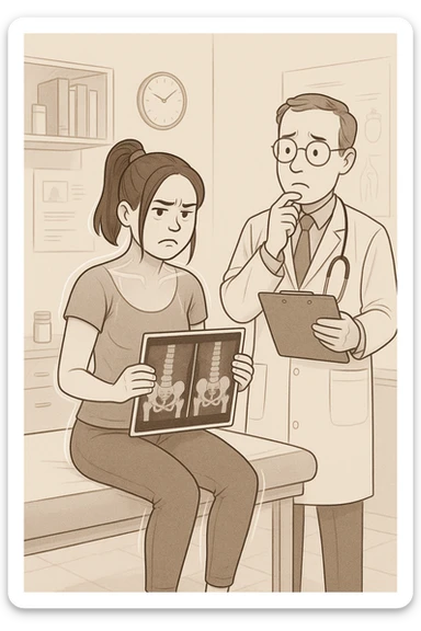 a person sits in a doctor’s office, holding medical imaging results (like X-rays or MRI scans) that appear normal. However, a subtle shadow or ghosted outline around their body reveals postural asymmetries—such as uneven shoulders or hips—that are not visible in the scans. The doctor looks puzzled, while the patient appears frustrated. sticker